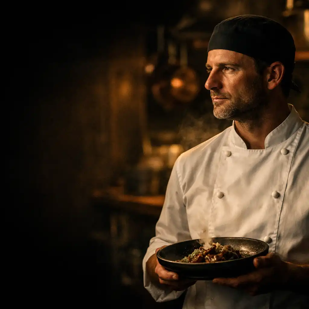 Chef sötét kerámia tányérral, meleg fényű konyhában