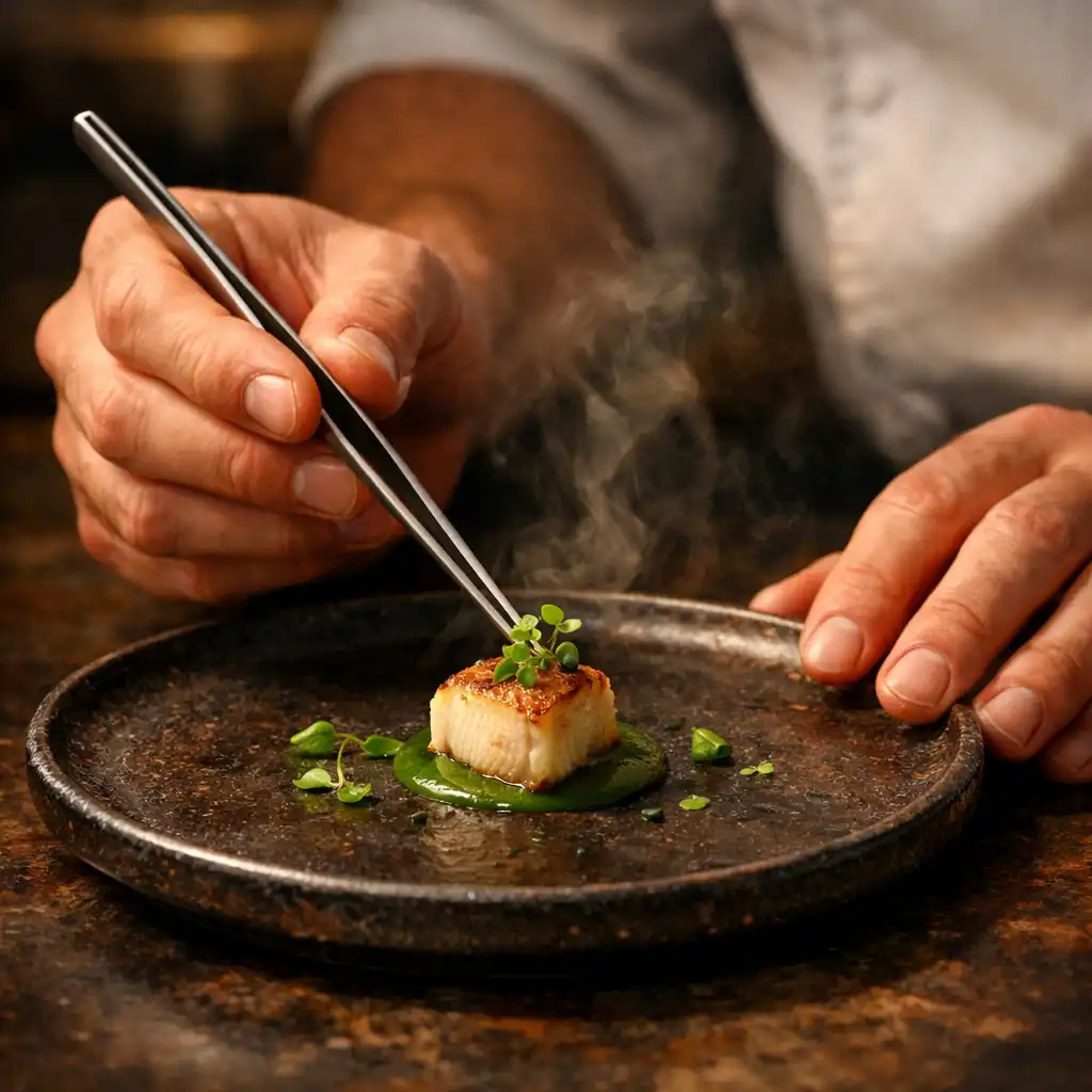Chef kezei kerámiatányért fejeznek be csipesszel