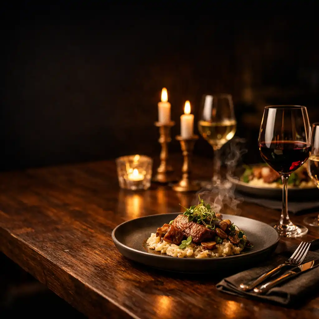 Melegen megvilágított esti vacsoraasztal kerámiatányérokkal és poharakkal a Dining Heritage-ben