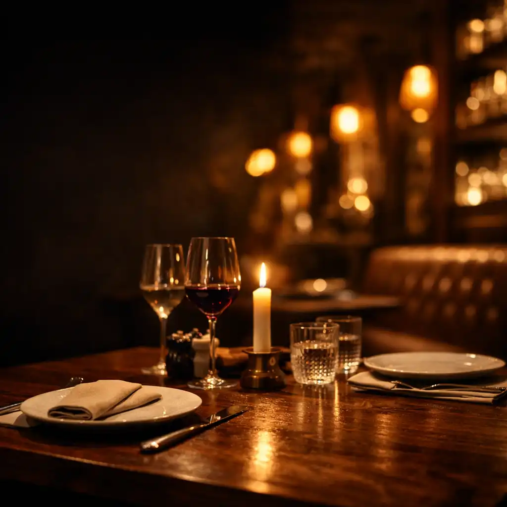 Meleg fényű, terített asztal a Dining Heritage esti éttermi hangulatában