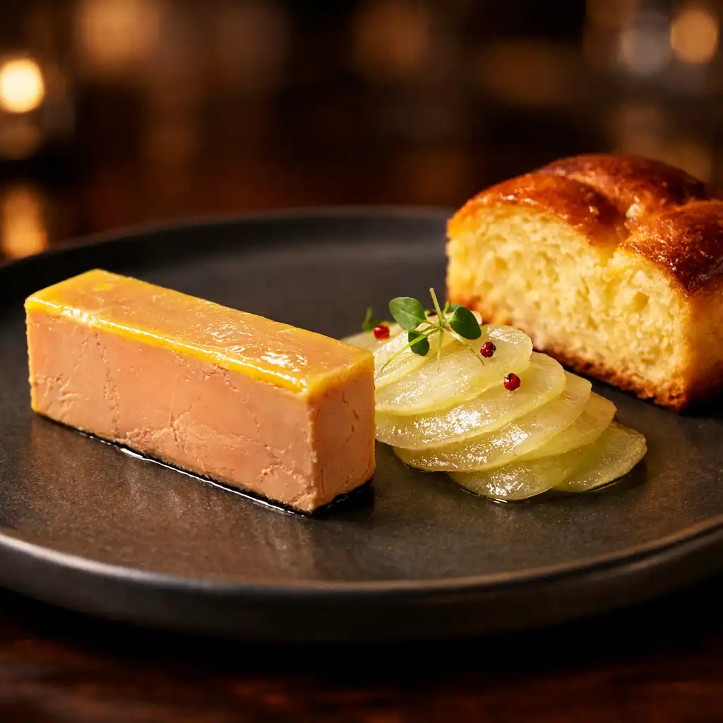 Libamáj terrine savanyított almával és brióssal